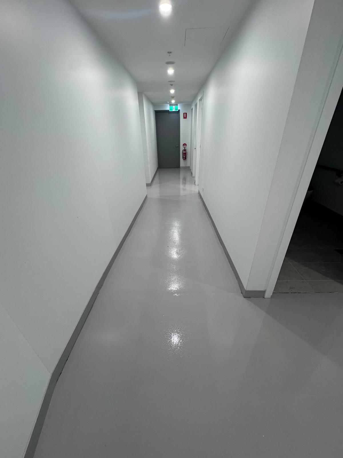 Decorative flake epoxy finish with a polished look