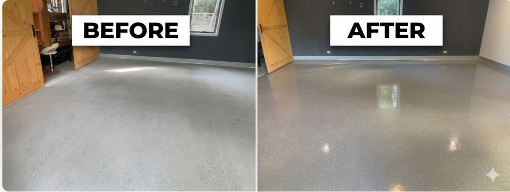 "flake flooring Geelong before after garage transformation epoxy vinyl chip"