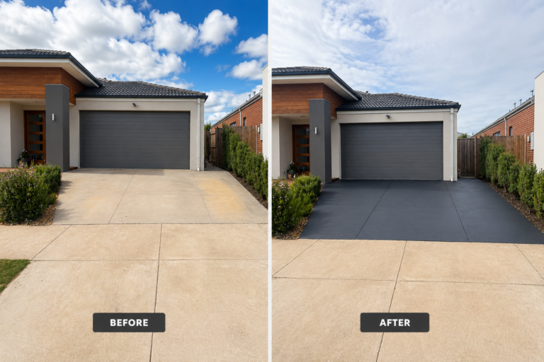-Before and after concrete driveway resurfacing with premium concrete coatings in Geelong