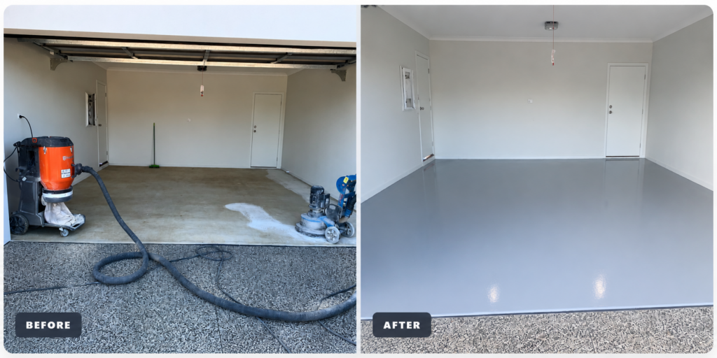 Before and after residential garage epoxy floor coating in Geelong